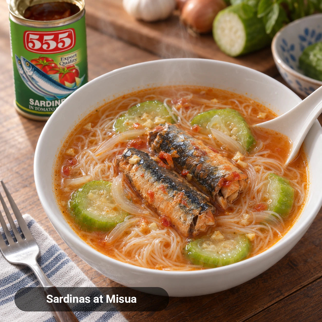 Bowl of sardinas at misua soup with patola, made with 555 Sardines in Tomato Sauce