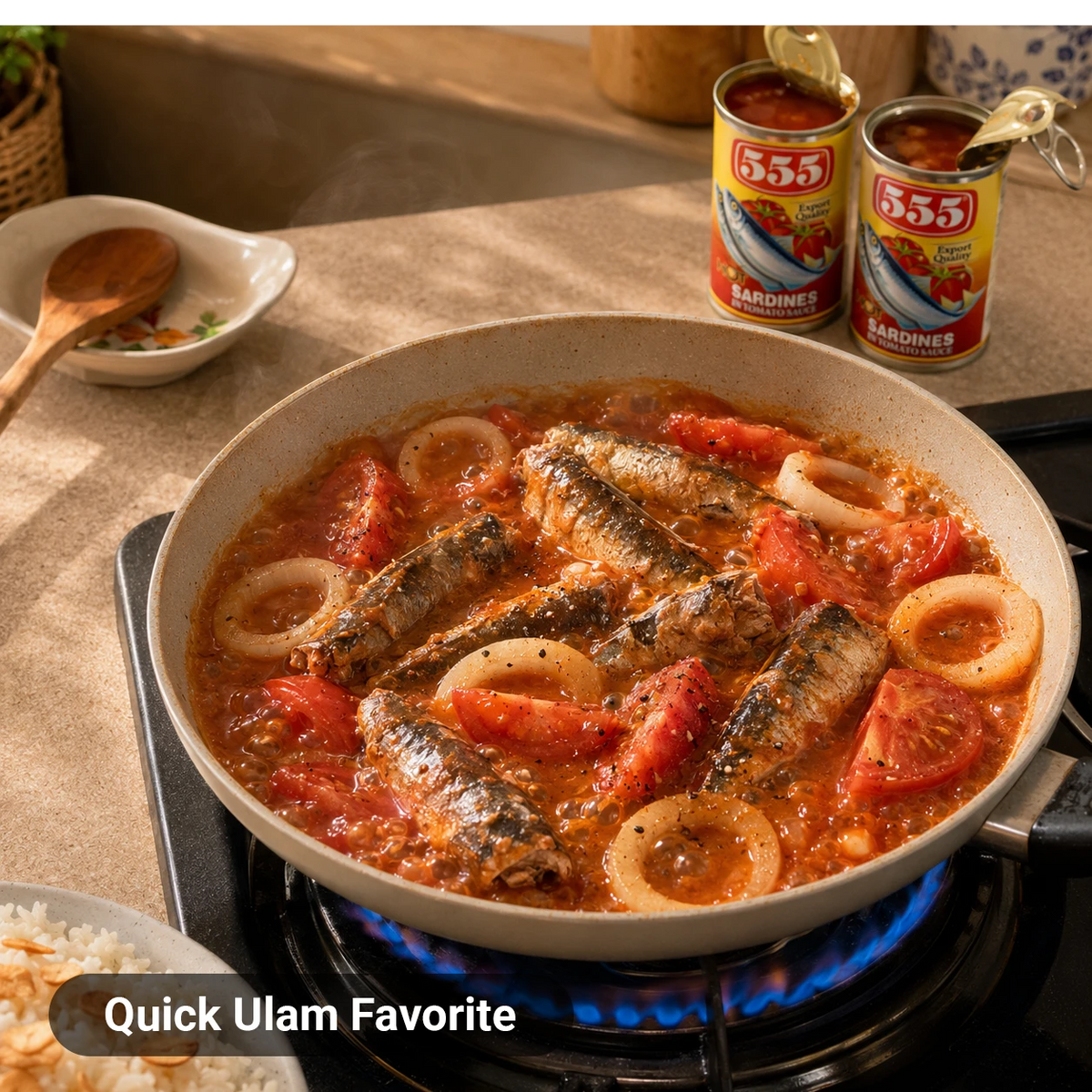 555 Sardines in Tomato Sauce Hot Spicy simmering in a pan with onion and tomato, cans beside it, Quick Ulam Favorite