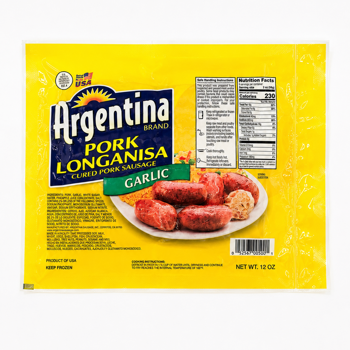 A 12 oz package of Argentina Brand Garlic Pork Longanisa, showing the bright yellow packaging with product details and a photo of the cooked sausages on a white plate.