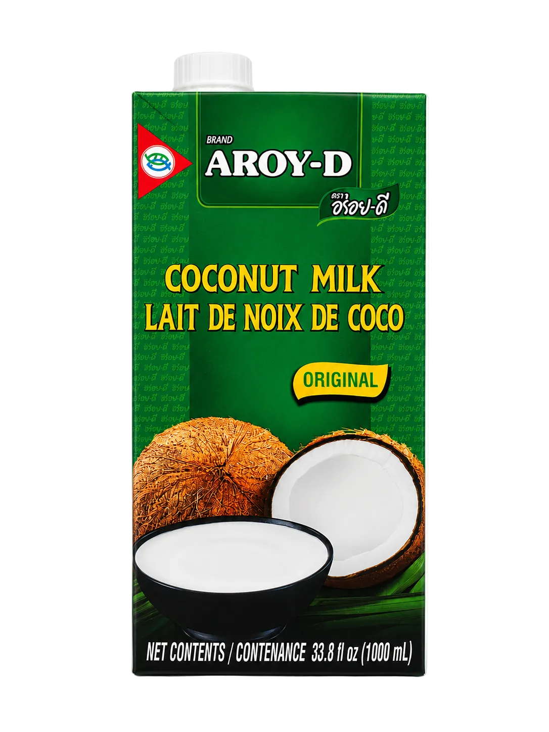 AROY-D Original Coconut Milk 33.8 fl oz (1000 mL) carton, front view, shelf-stable coconut milk for cooking, baking, curries, soups, and desserts.