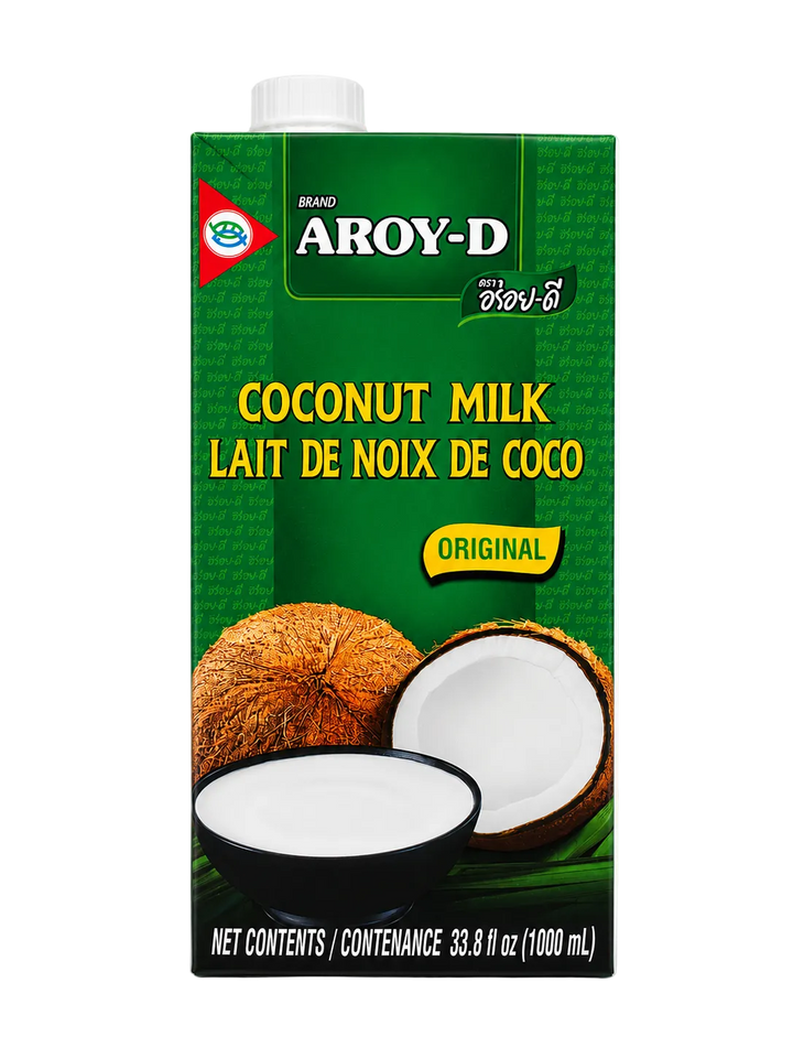 AROY-D Original Coconut Milk 33.8 fl oz (1000 mL) carton, front view, shelf-stable coconut milk for cooking, baking, curries, soups, and desserts.