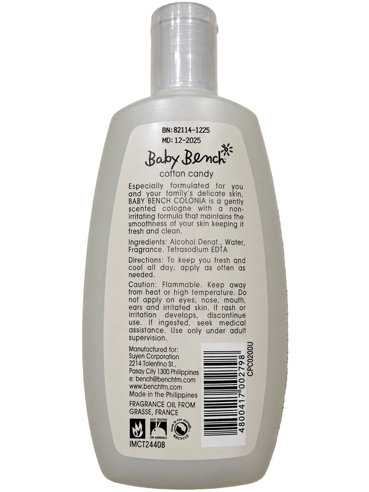 Back view of Baby Bench Cotton Candy Colonia 200mL (6.8 fl oz.) in a translucent white bottle, showing product ingredients, directions, safety warnings, manufacturer details, batch number, manufacturing date, and barcode