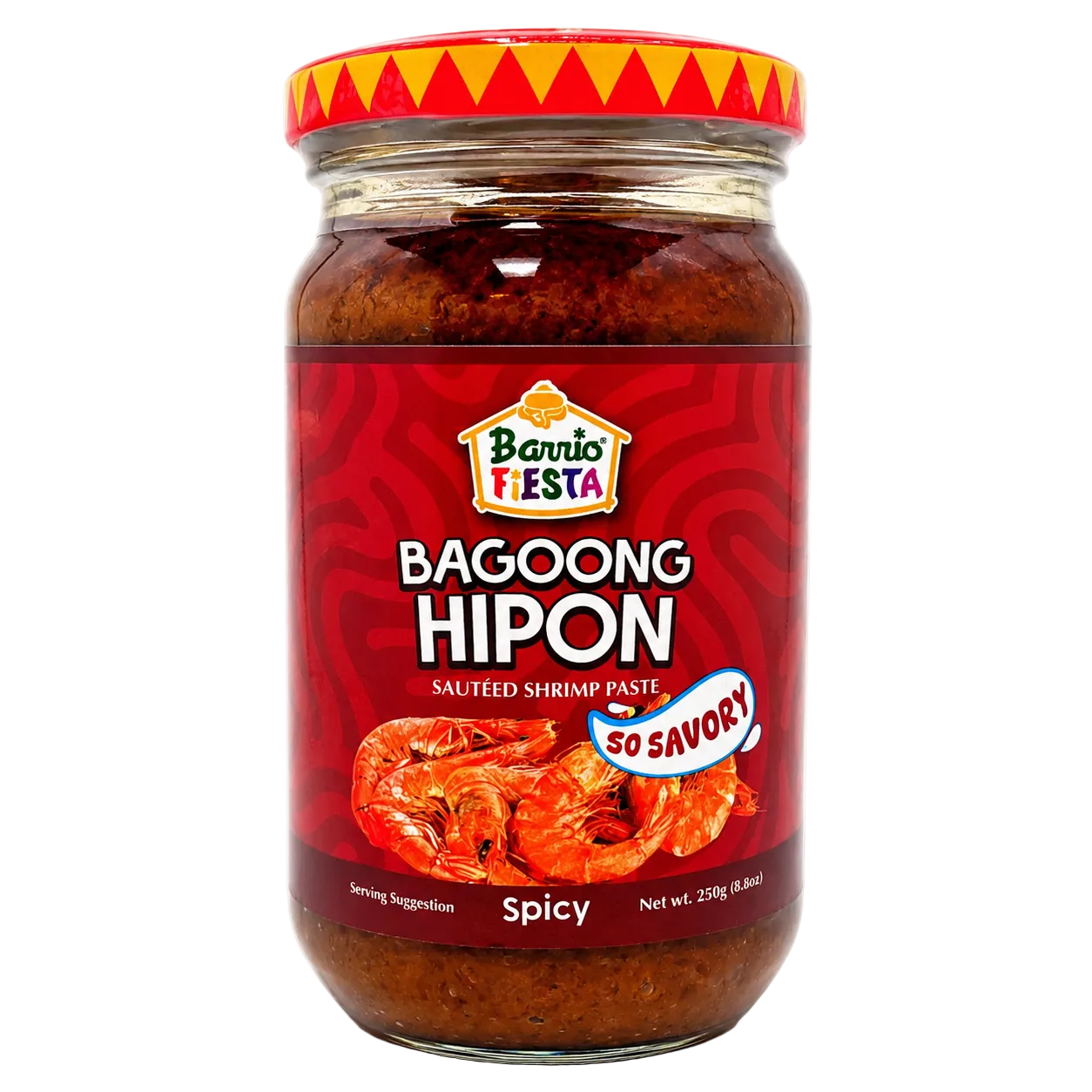 A glass jar of Barrio Fiesta Bagoong Hipon (spicy salted shrimp paste) on a white background. The jar has a red label with a picture of cooked shrimp and a red lid with a yellow and orange pattern.