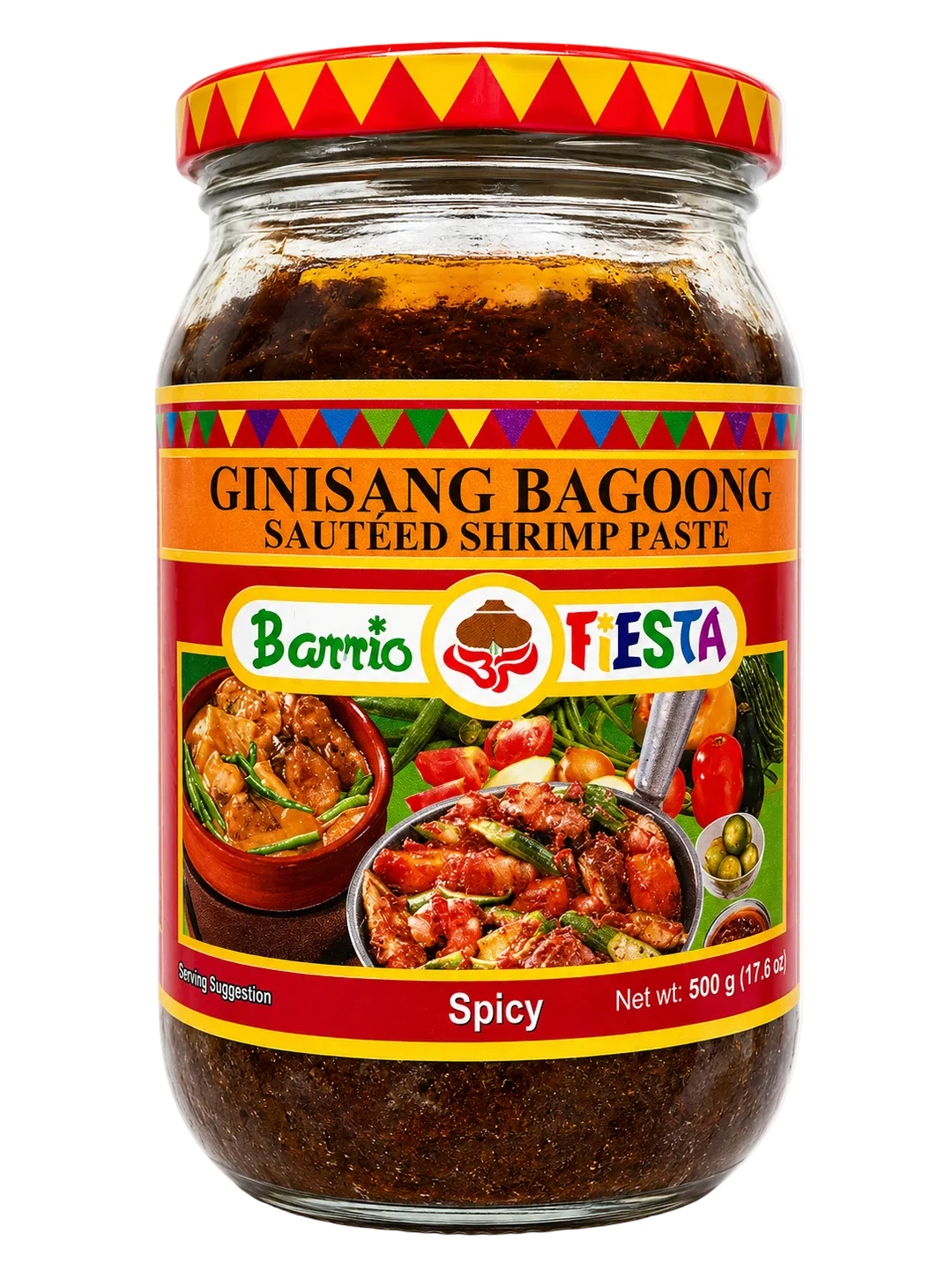 A glass jar of Barrio Fiesta Ginisang Bagoong (spicy sautéed shrimp paste) on a white background. The jar has a red lid with yellow and red patterns, and the label features orange, red, and green sections with product imagery and text.
