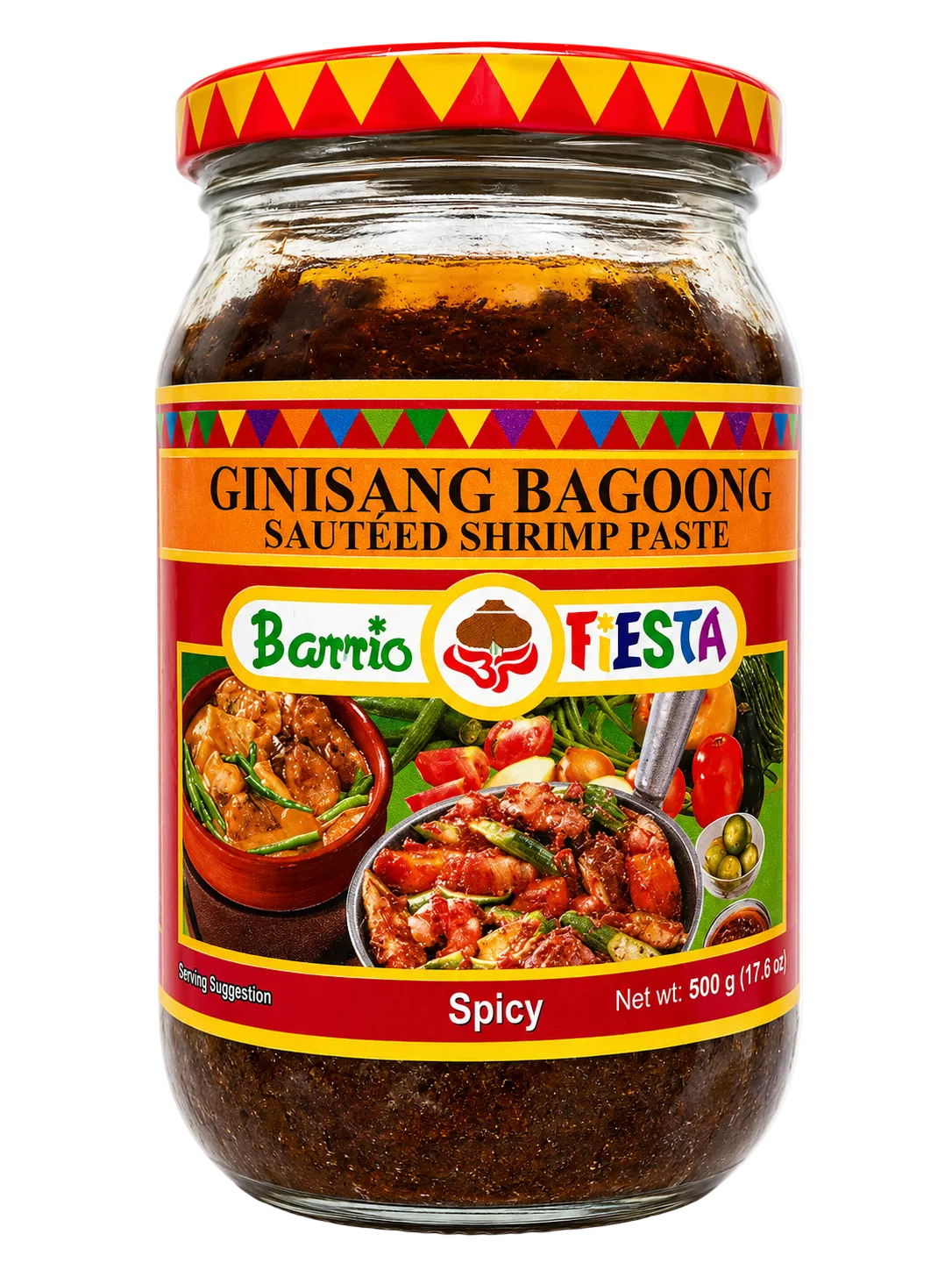 A glass jar of Barrio Fiesta Ginisang Bagoong (spicy sautéed shrimp paste) on a white background. The jar has a red lid with yellow and red patterns, and the label features orange, red, and green sections with product imagery and text.