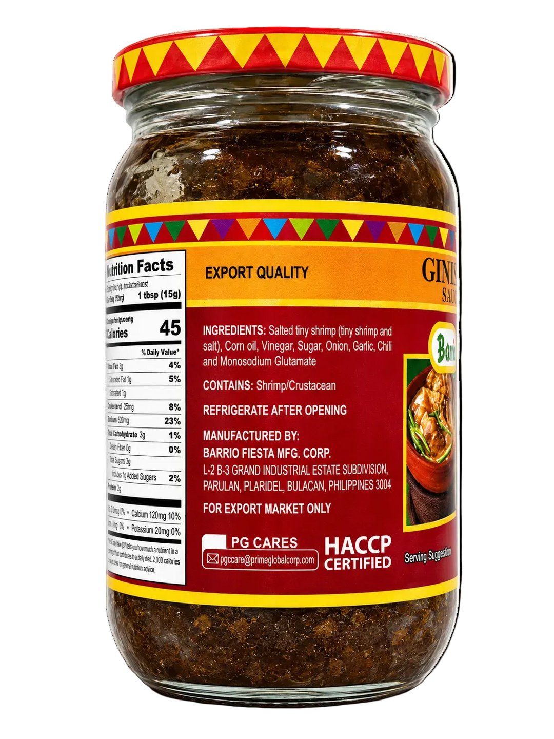 A glass jar of Gini's Shrimp Salty condiment with a red and yellow patterned lid, showing the export quality label and ingredients of salted tiny shrimp.
