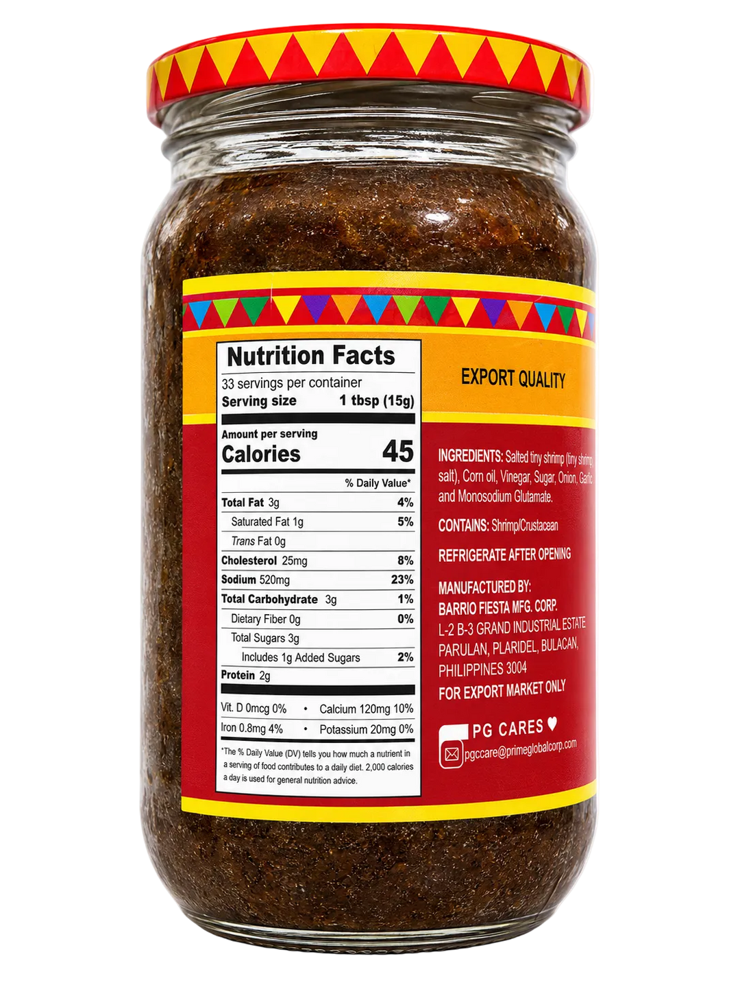 A glass jar of dark brown shredded cheese with a red and yellow patterned lid, showing a large Nutrition Facts label on the front against a white background.