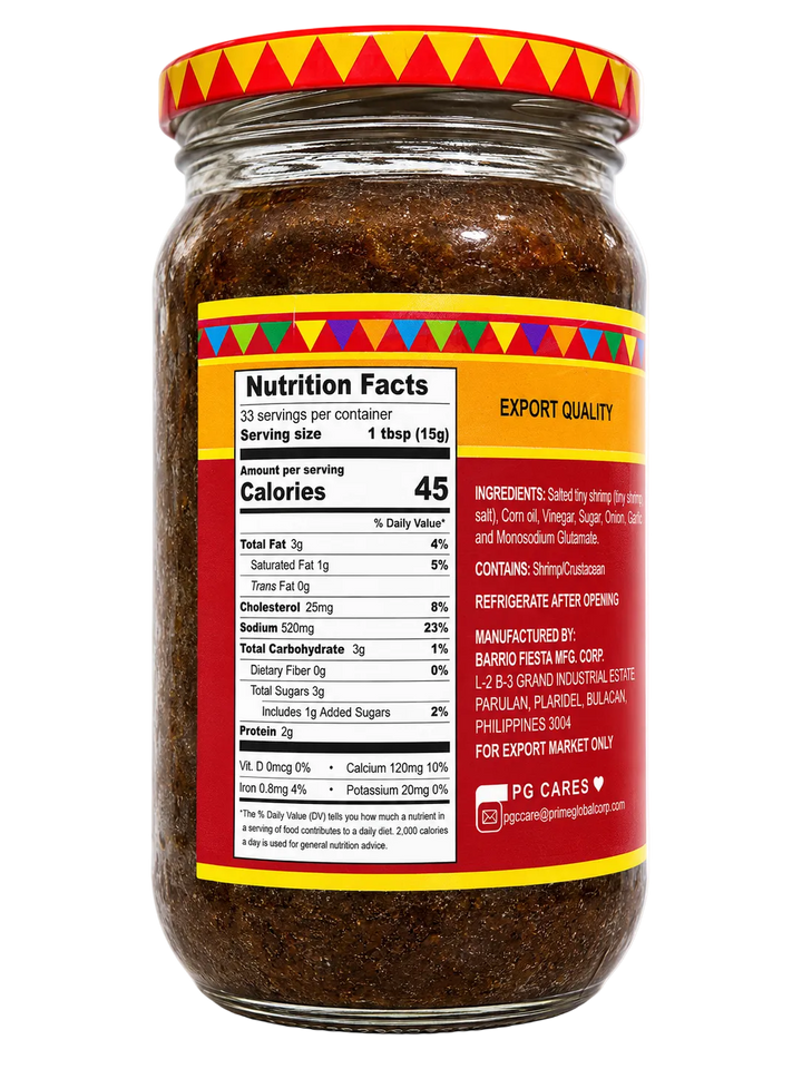 A glass jar of dark brown shredded cheese with a red and yellow patterned lid, showing a large Nutrition Facts label on the front against a white background.