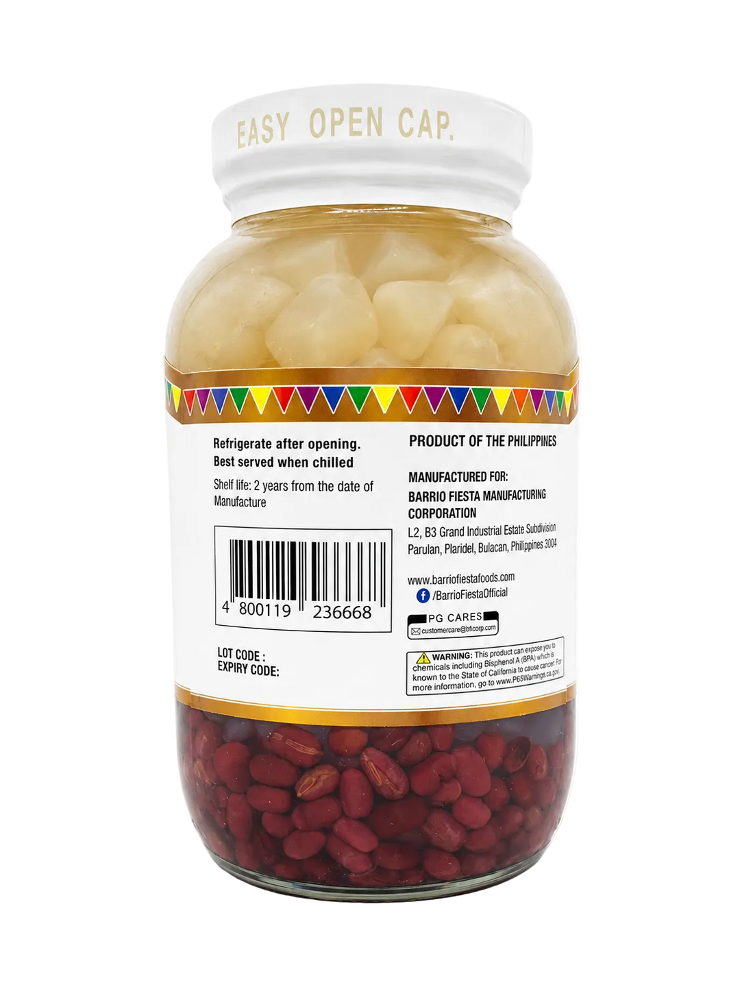 Back view of a glass jar of Barrio Fiesta Manufacturing Corporation Red Beans, showing the white label, barcode, and the red beans visible through the clear glass.