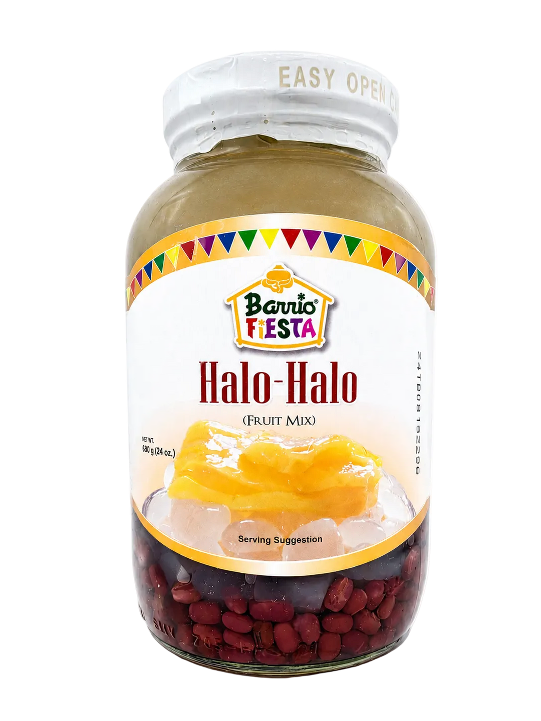 A glass jar of Barrio Fiesta Halo-Halo fruit mix, featuring a white label with a colorful Mexican flag pattern, showing yellow mango and red beans at the bottom, on a white background.