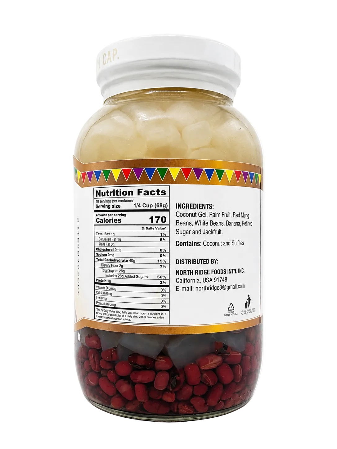 A clear plastic jar of coconut gel with a white screw cap, showing the back of the label with nutrition facts and ingredients. The jar is filled with red beans at the bottom and contains a beige coconut gel above, with a colorful triangular pattern band around the middle.