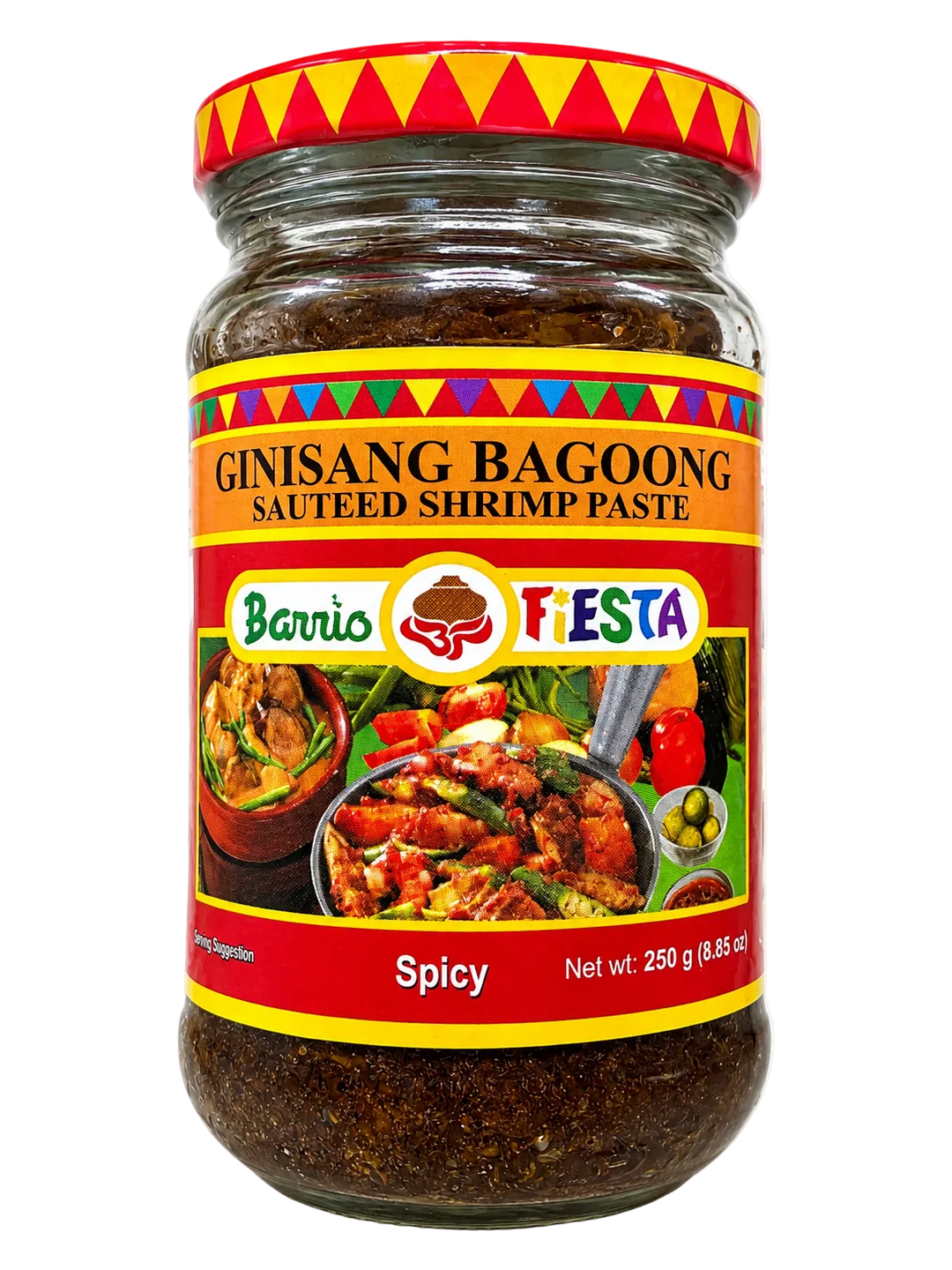 A jar of Barrio Fiesta Ginisang Bagoong Spicy sauteed shrimp paste on a white background.