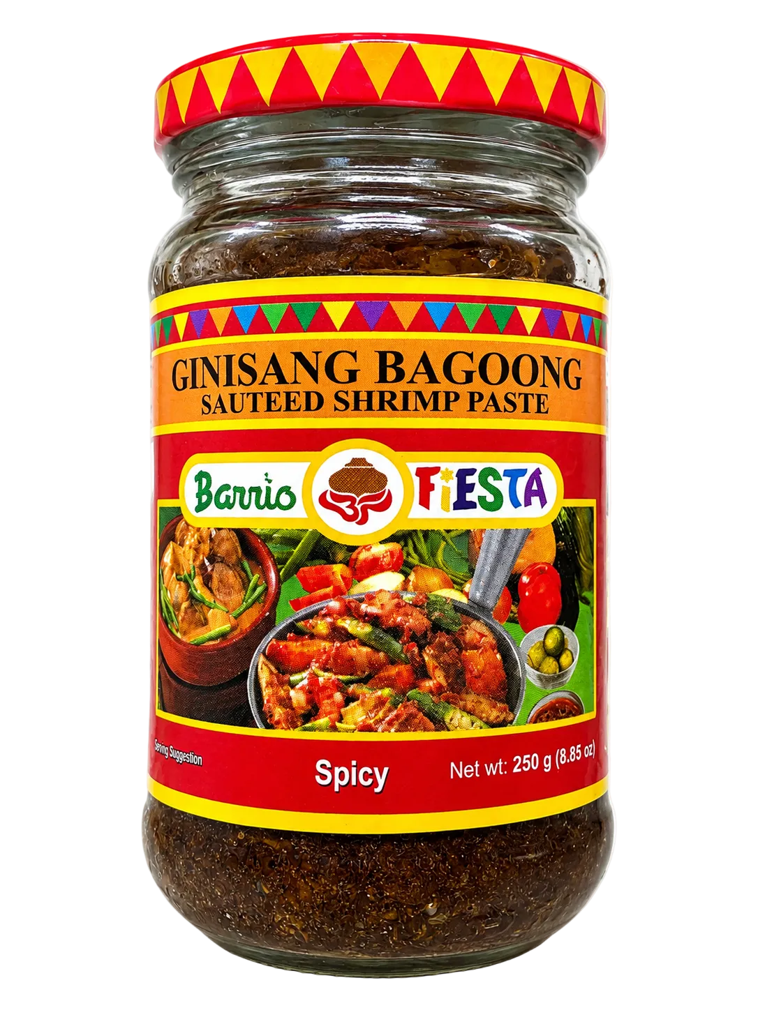 A jar of Barrio Fiesta Ginisang Bagoong Spicy sauteed shrimp paste on a white background.