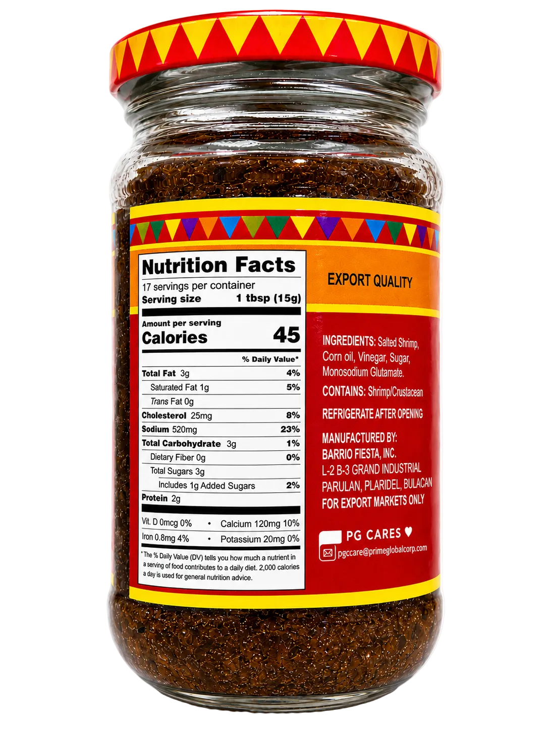 A jar of Barrio Fiesta Bagoong Spicy Flavor with nutrition facts