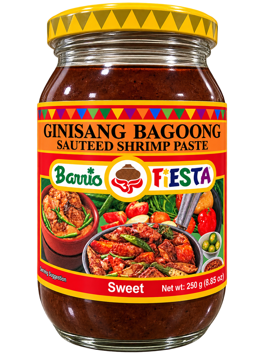 Barrio Fiesta Ginisang Bagoong Sweet Sautéed Shrimp Paste, 250g (8.85 oz), in a glass jar with a yellow lid and colorful red and orange label. Filipino shrimp paste condiment.