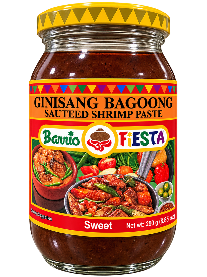 Barrio Fiesta Ginisang Bagoong Sweet Sautéed Shrimp Paste, 250g (8.85 oz), in a glass jar with a yellow lid and colorful red and orange label. Filipino shrimp paste condiment.