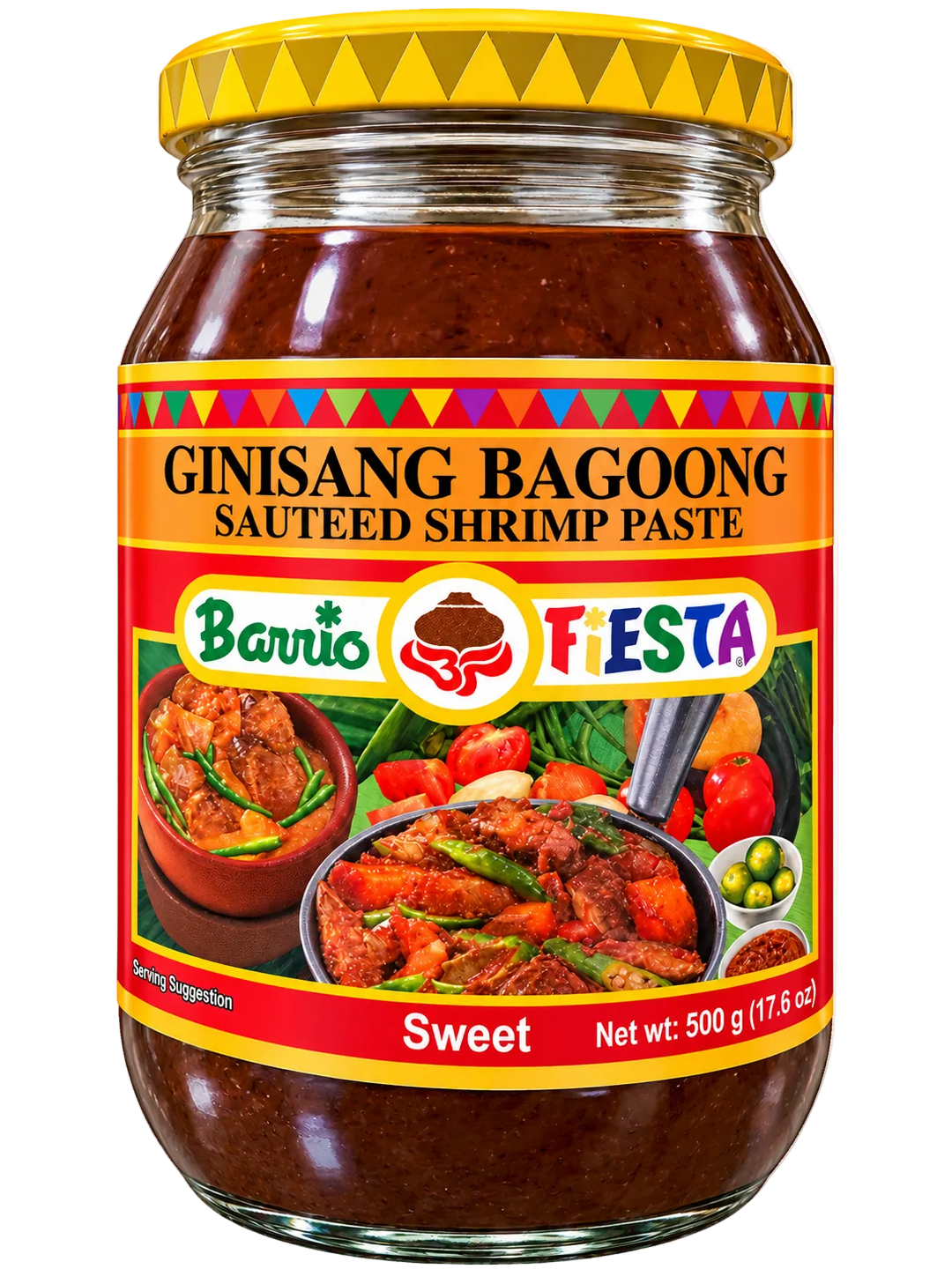 Barrio Fiesta Ginisang Bagoong Sweet Sautéed Shrimp Paste, 500g (17.6 oz), in a glass jar with a yellow lid and colorful red and orange label. Filipino shrimp paste condiment.