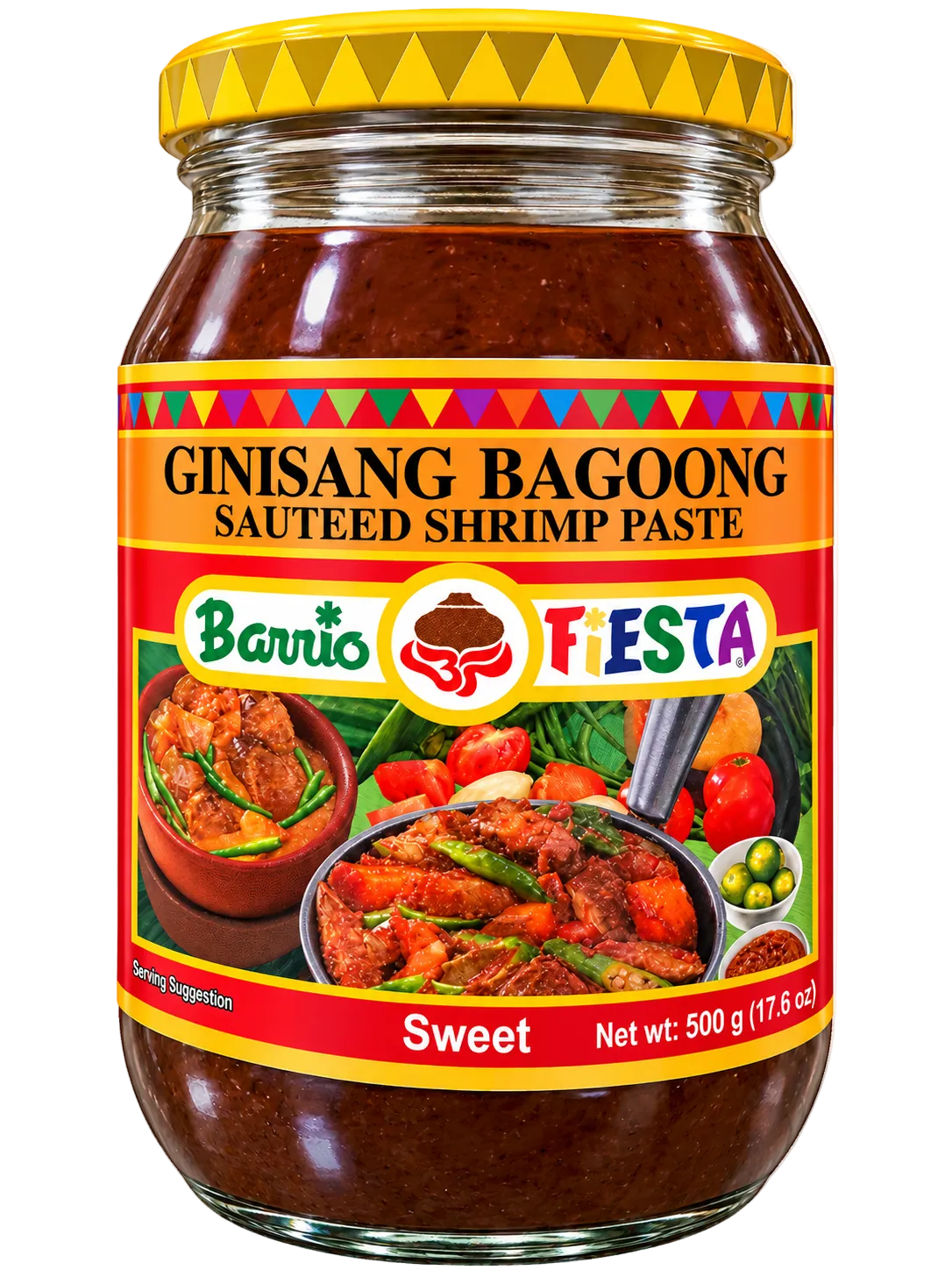 Barrio Fiesta Ginisang Bagoong Sweet Sautéed Shrimp Paste, 500g (17.6 oz), in a glass jar with a yellow lid and colorful red and orange label. Filipino shrimp paste condiment.