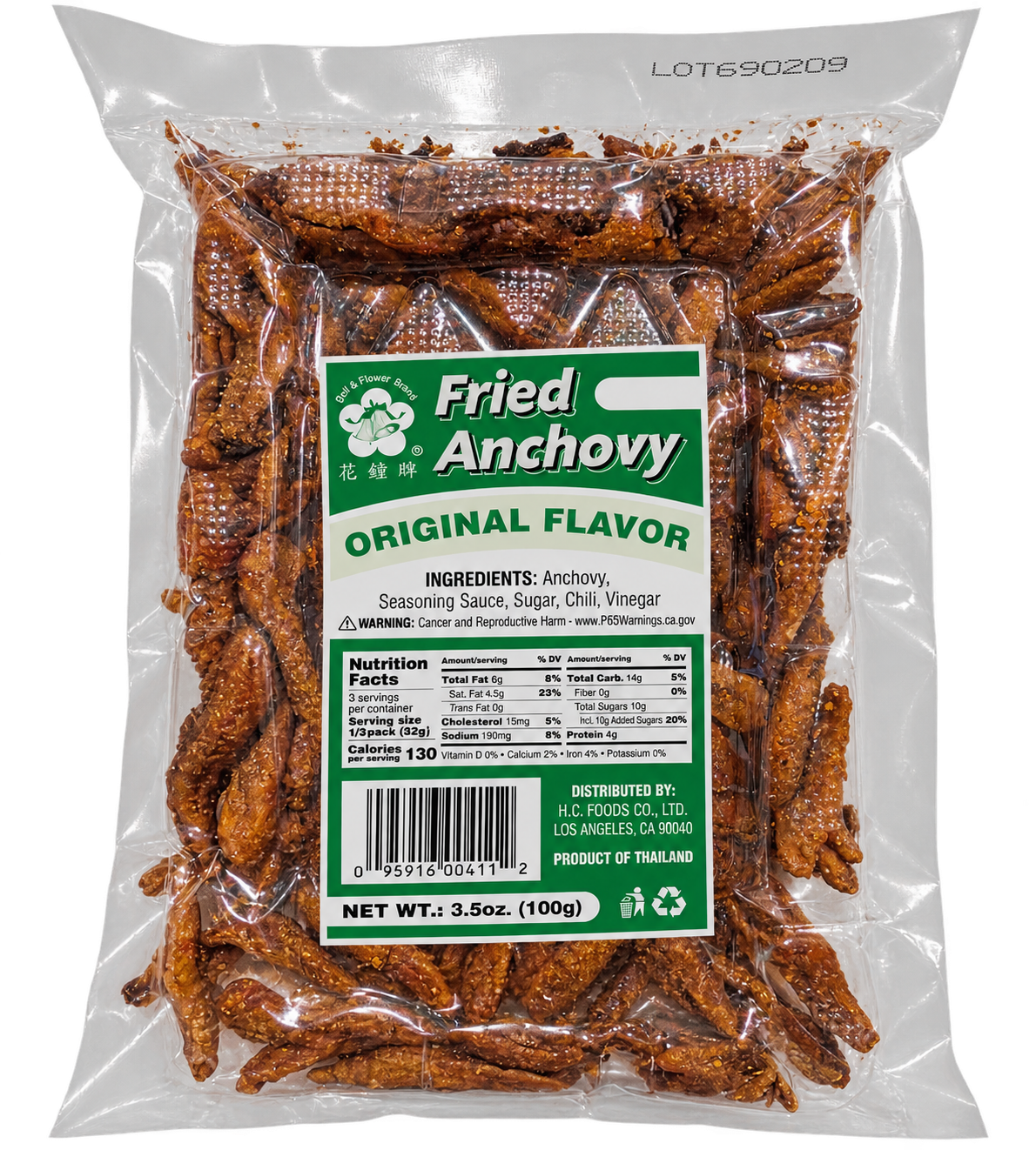 A 3.5 oz (100g) clear plastic bag of Fried Anchovy Original Flavor, showing the browned anchovies inside and a green and white label on the front.