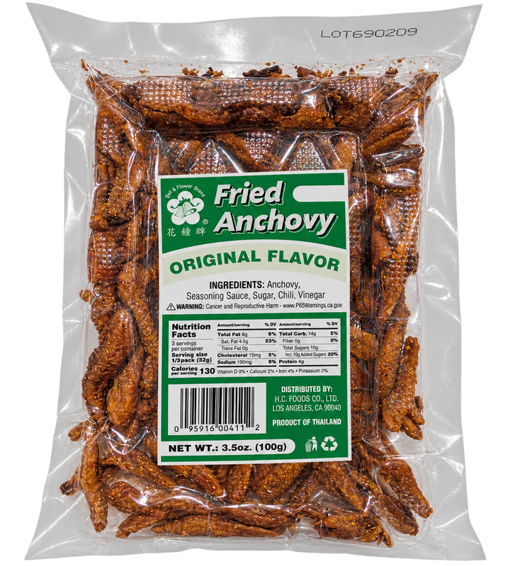 A 3.5 oz (100g) clear plastic bag of Fried Anchovy Original Flavor, showing the browned anchovies inside and a green and white label on the front.