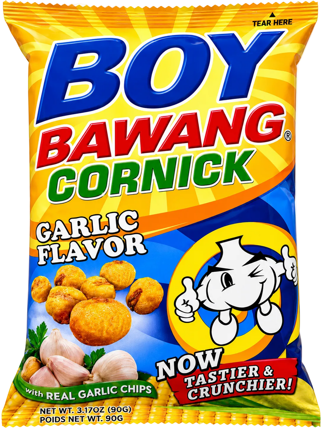 A bag of Boy Bawang Cornick Garlic Flavor snack chips, featuring a bright yellow and blue package with the brand name in large blue letters, garlic chip illustrations, and a cartoon character.