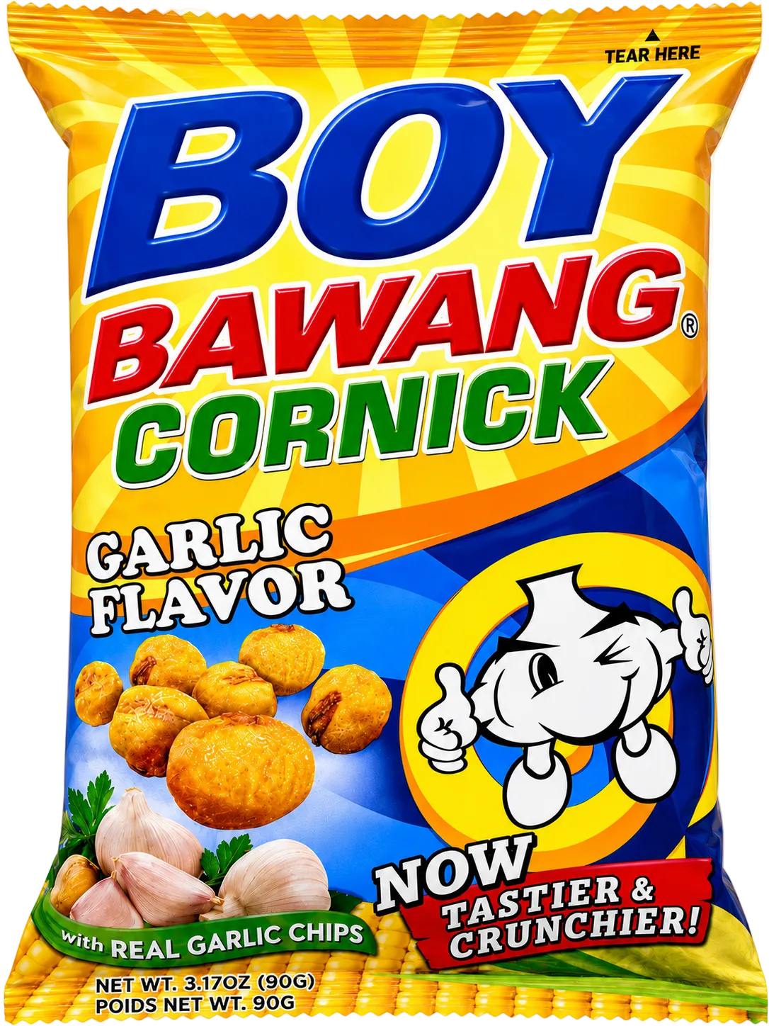 A bag of Boy Bawang Cornick Garlic Flavor snack chips, featuring a bright yellow and blue package with the brand name in large blue letters, garlic chip illustrations, and a cartoon character.