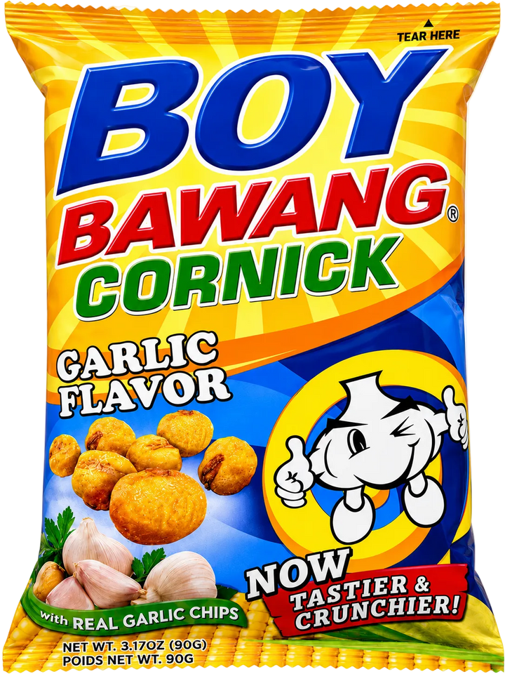 A bag of Boy Bawang Cornick Garlic Flavor snack chips, featuring a bright yellow and blue package with the brand name in large blue letters, garlic chip illustrations, and a cartoon character.