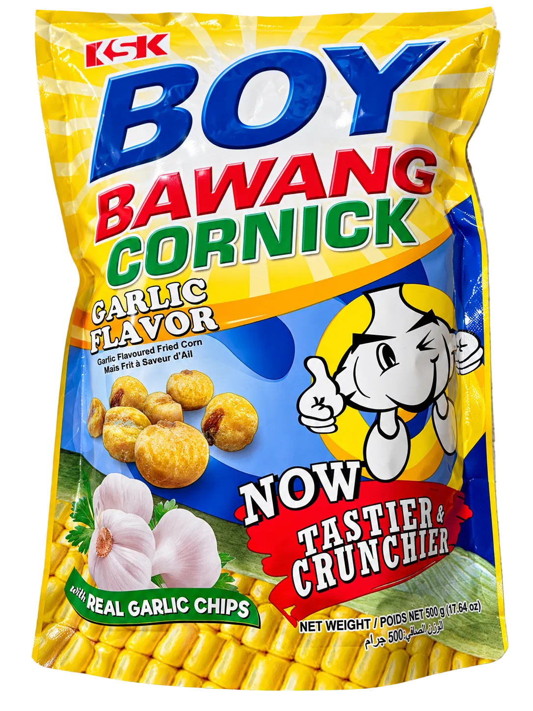 Front view of KSK Boy Bawang Cornick Garlic Flavor 500g (17.64 oz.), featuring colorful yellow, blue, and red packaging with crunchy fried corn snacks, real garlic chips, and the Boy Bawang cartoon mascot.