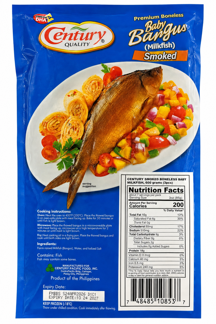 A package of Century Quality Baby Bangus (Milkfish) Smoked, shown from the back. The packaging is blue with a large photo of a cooked baby bangus on a white plate with a colorful salad, along with product details, a nutrition facts label, and a barcode.
