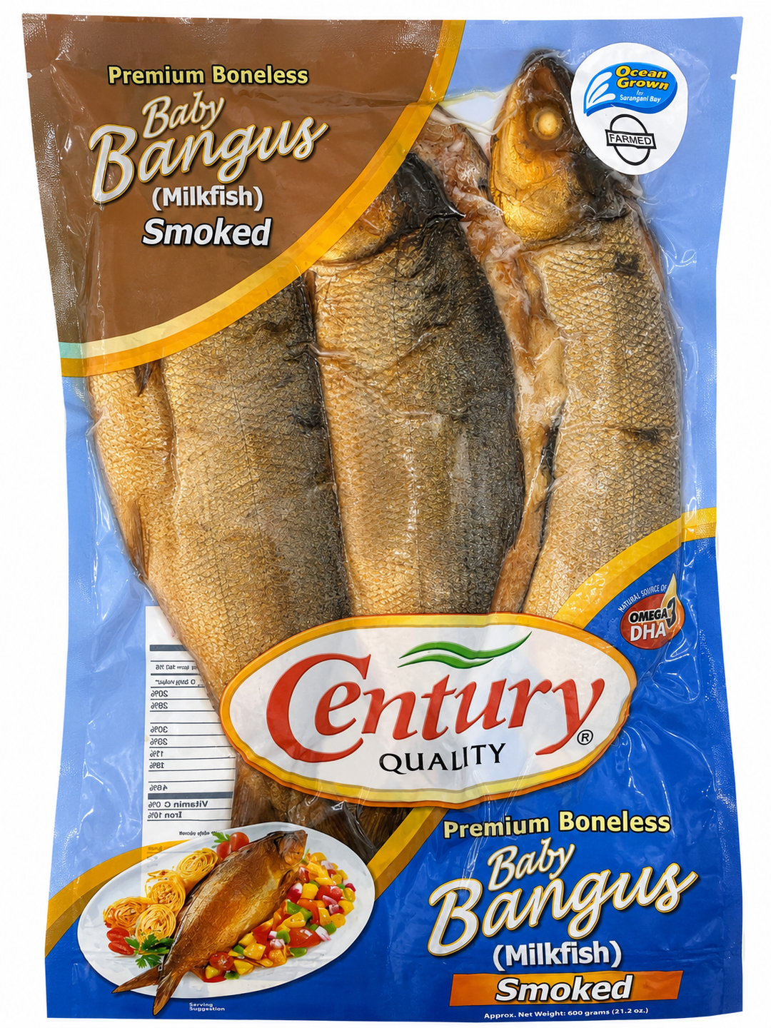 A package of Century Quality Premium Boneless Baby Bangus (Milkfish) Smoked, containing three dried baby bangus fish on a blue and brown printed bag.