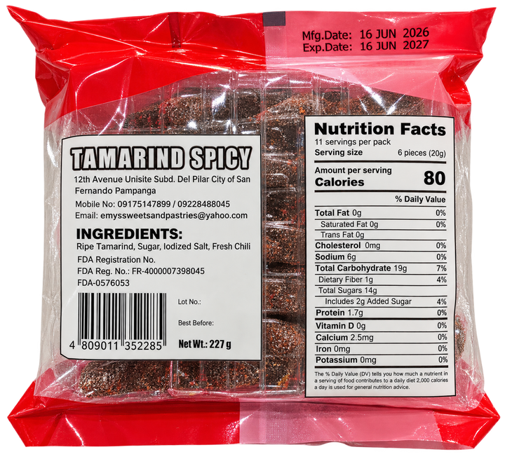 A sealed red plastic bag of Tamarind Spicy pieces showing both the front flavor label and the back nutrition facts panel on a plain white background.