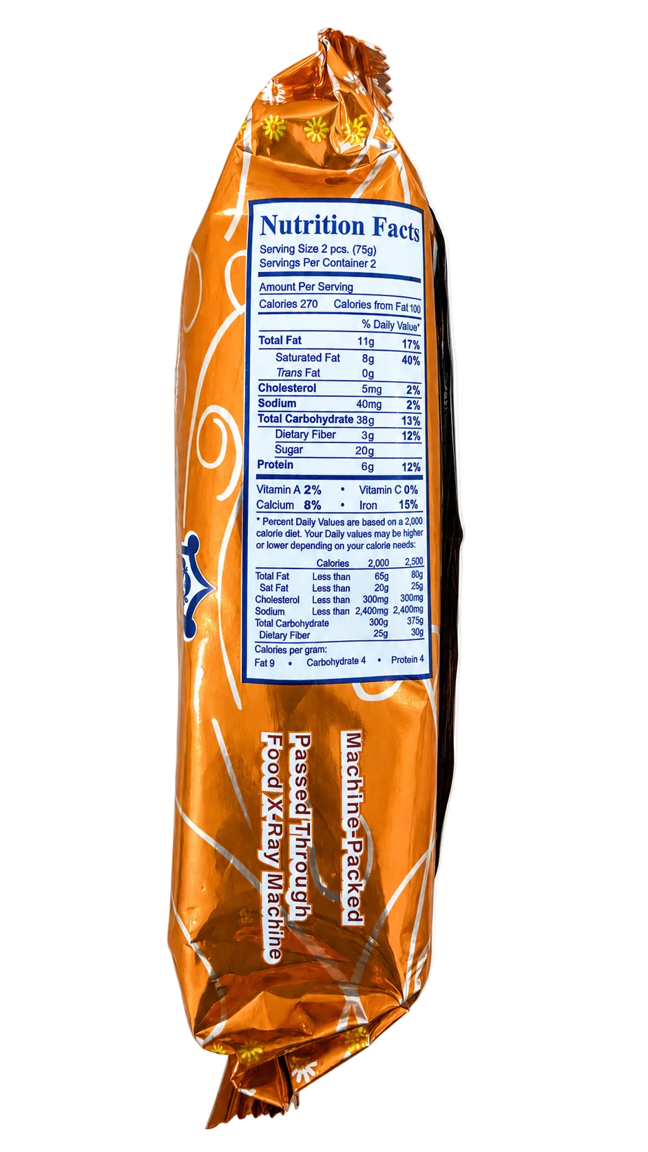 An orange and gold foil-wrapped packaged food item shown upright against a plain white background, with the Nutrition Facts label facing forward. Visible text includes 'Machine-Packed' and 'Pass Through Products.