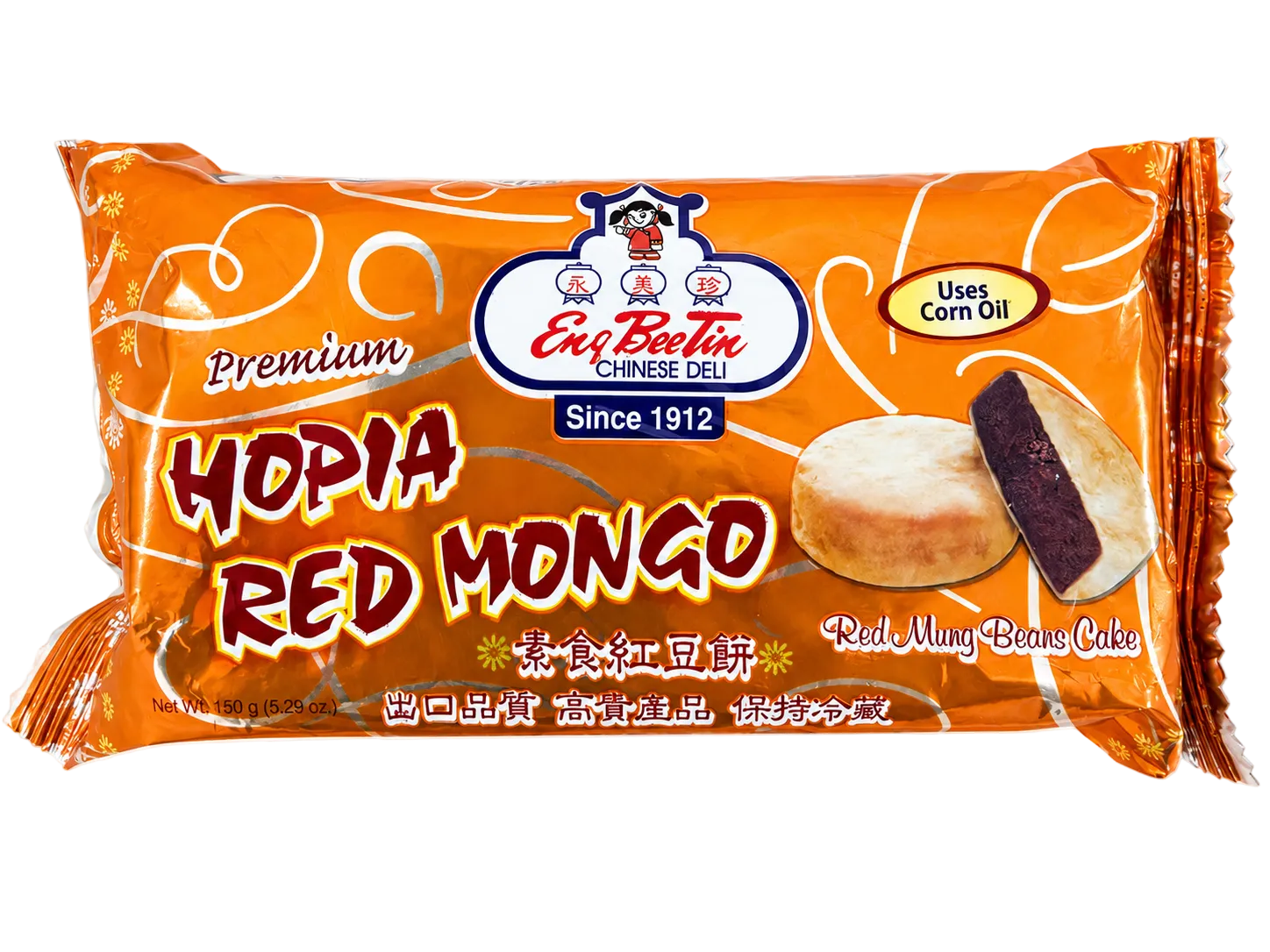 A package of Eri Bester Chinese Deli Hopia Red Mongo (Red Mung Beans Cake) on a plain white background. The packaging is bright orange with white swirls, featuring the brand logo and an illustration of the cake.