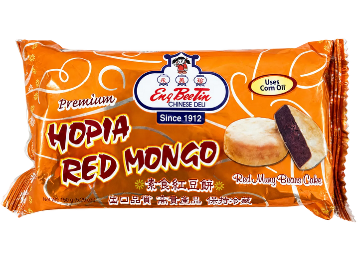 A package of Eri Bester Chinese Deli Hopia Red Mongo (Red Mung Beans Cake) on a plain white background. The packaging is bright orange with white swirls, featuring the brand logo and an illustration of the cake.