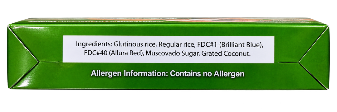 Side view of Ferino’s Frozen Puto-Bumbong packaging showing the ingredients list, including glutinous rice, regular rice, food coloring, muscovado sugar, and grated coconut. The green panel also displays the statement “Allergen Information: Contains no Allergen