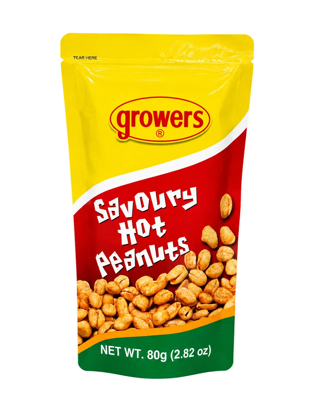 Growers Savoury Hot Peanuts 80g resealable snack pouch, front view featuring spicy roasted peanuts in a bright yellow and red package.
