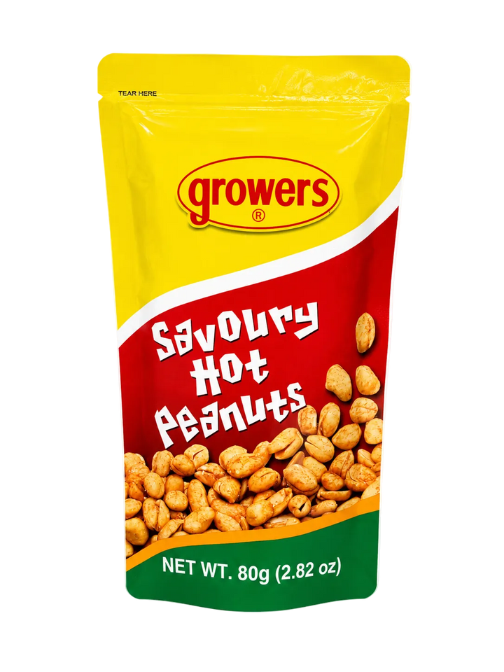 Growers Savoury Hot Peanuts 80g resealable snack pouch, front view featuring spicy roasted peanuts in a bright yellow and red package.
