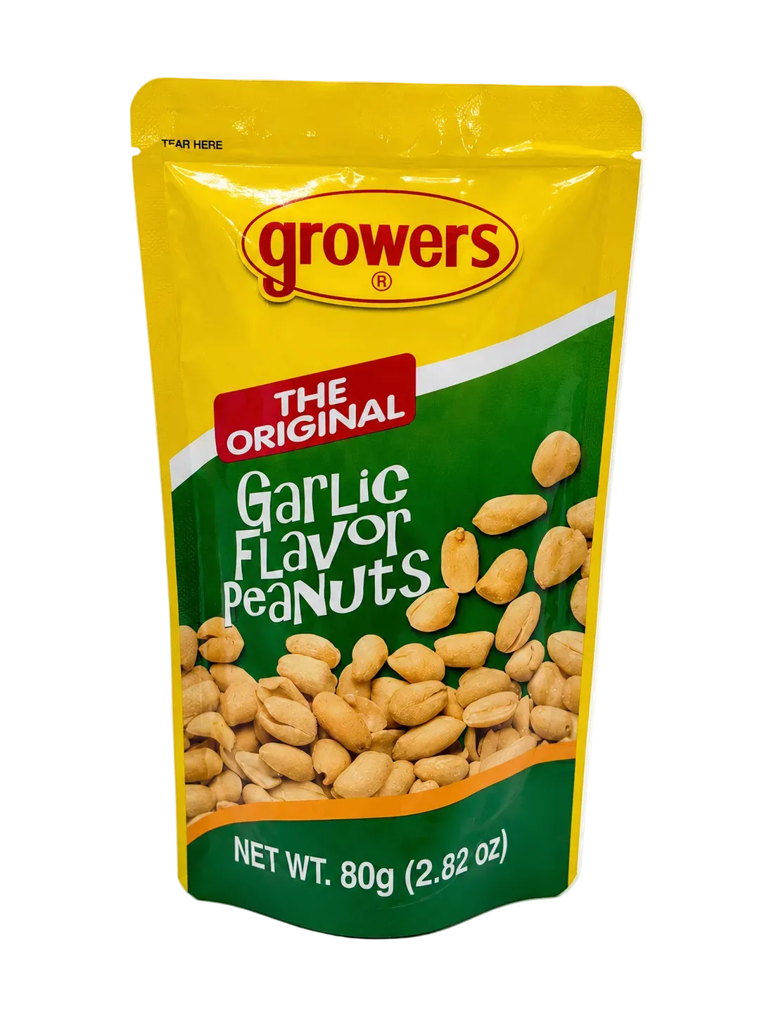 Growers The Original Garlic Flavor Peanuts in a 80g stand-up pouch with a yellow and green design and a photo of peanuts on the front, photographed on a white background.