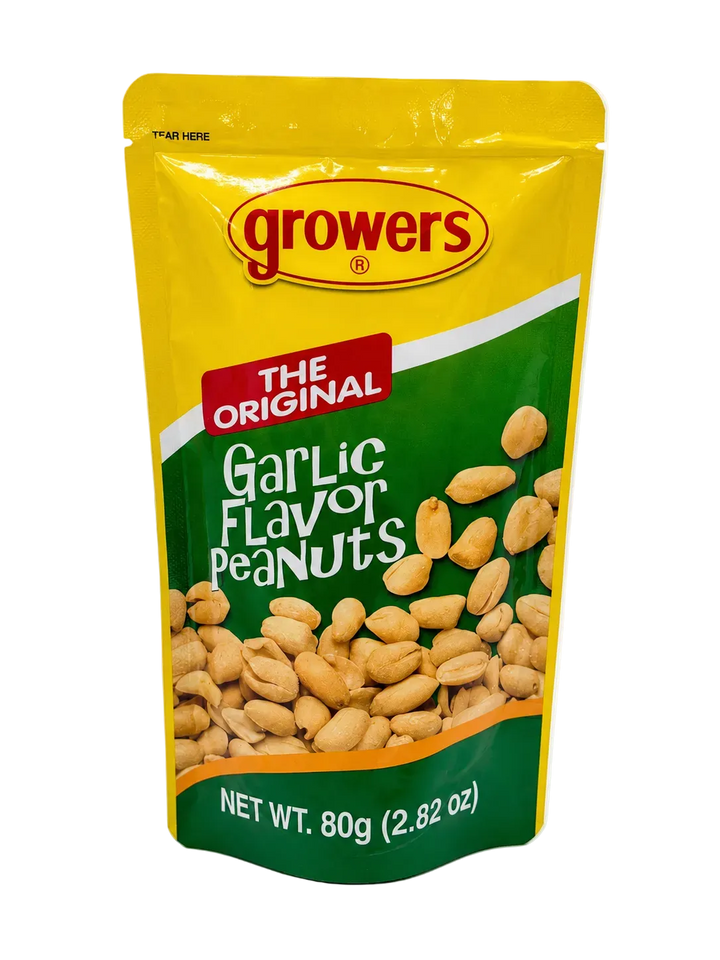 Growers The Original Garlic Flavor Peanuts in a 80g stand-up pouch with a yellow and green design and a photo of peanuts on the front, photographed on a white background.