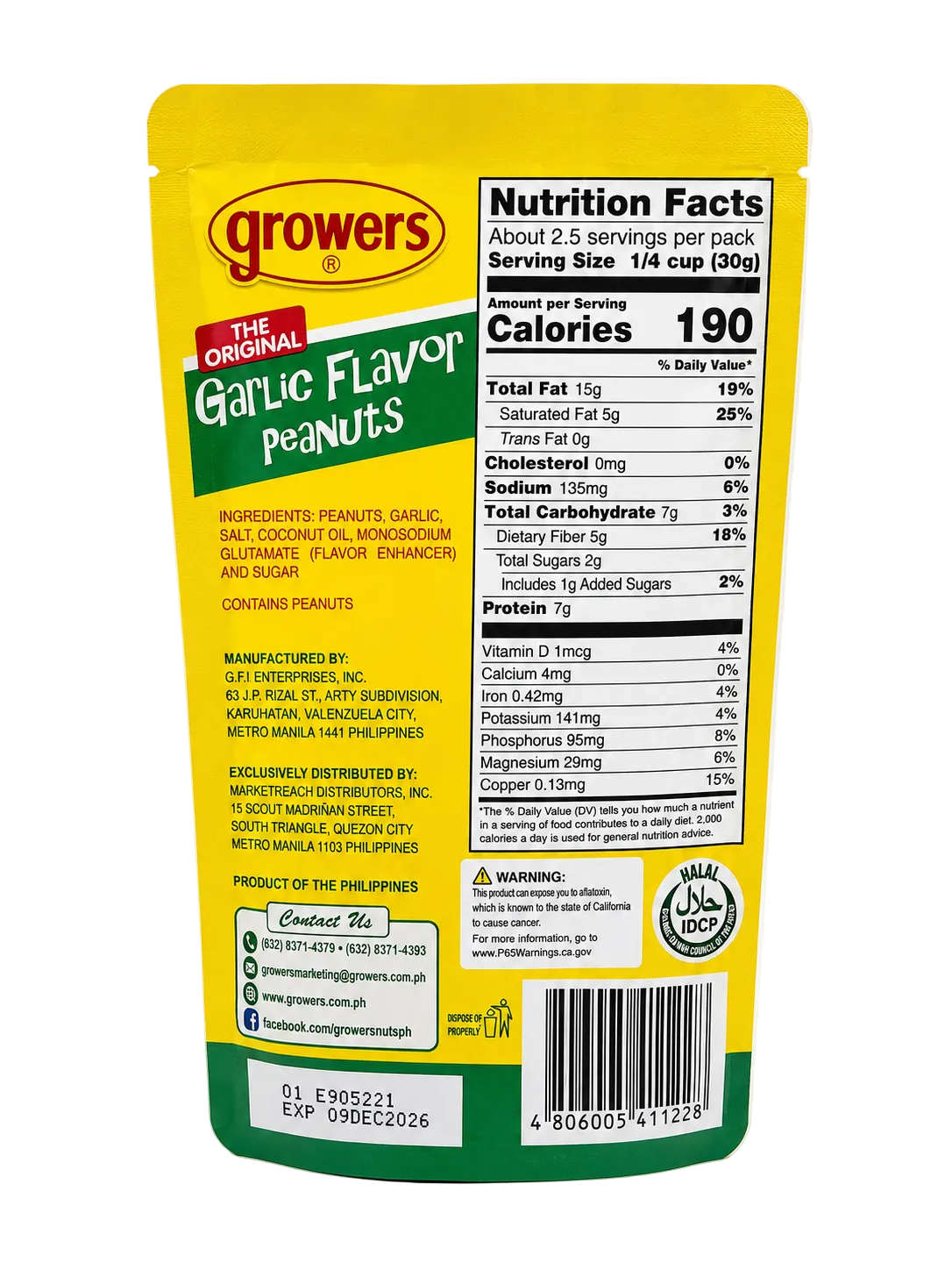Growers The Original Garlic Flavor Peanuts 80g resealable snack pouch, back view showing nutrition facts, ingredients, manufacturer and distributor information, barcode, expiration date, and product details.