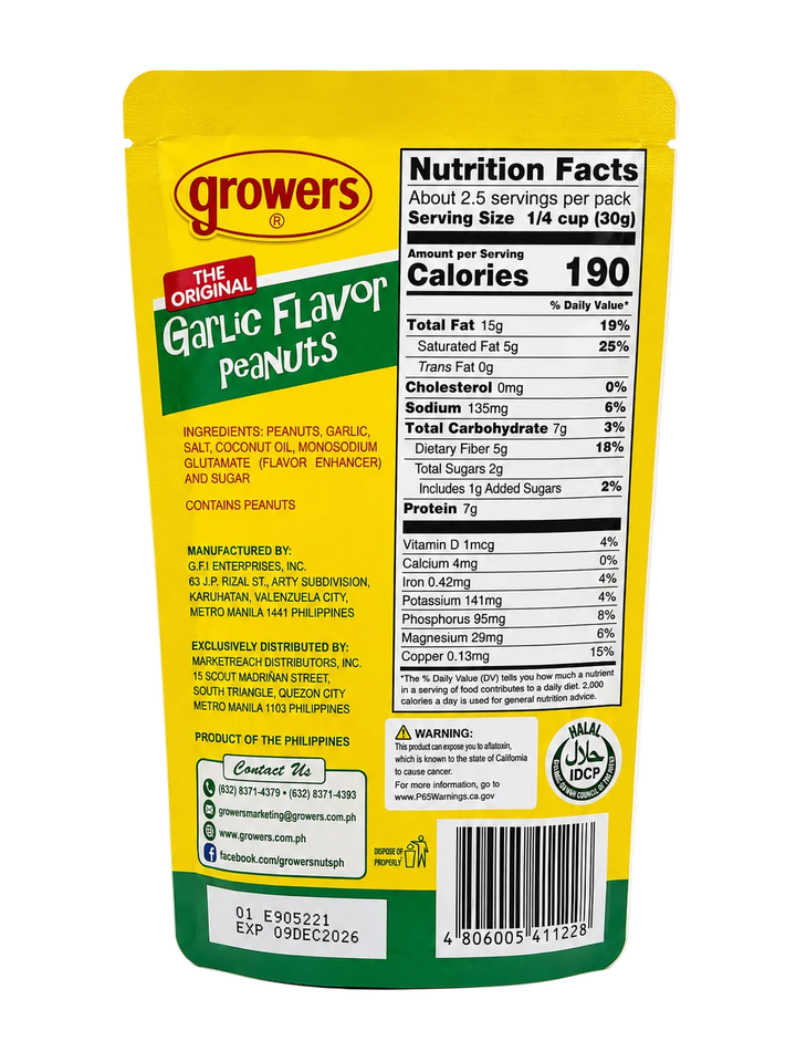 Growers The Original Garlic Flavor Peanuts 80g resealable snack pouch, back view showing nutrition facts, ingredients, manufacturer and distributor information, barcode, expiration date, and product details.