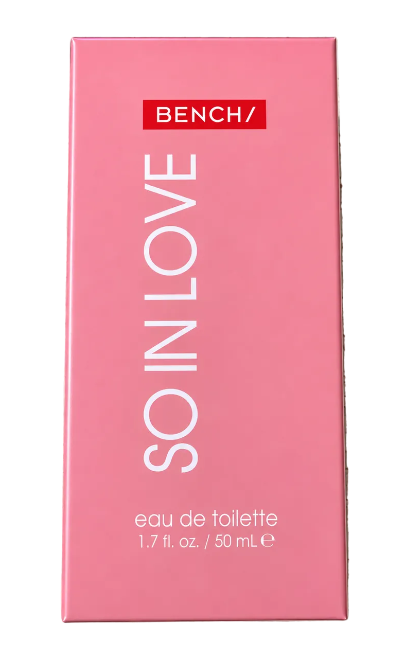 BENCH/ So In Love Eau de Toilette 50 mL (1.7 fl. oz.) perfume in a pink rectangular box featuring the BENCH/ logo and vertical white “SO IN LOVE” lettering on the front packaging.