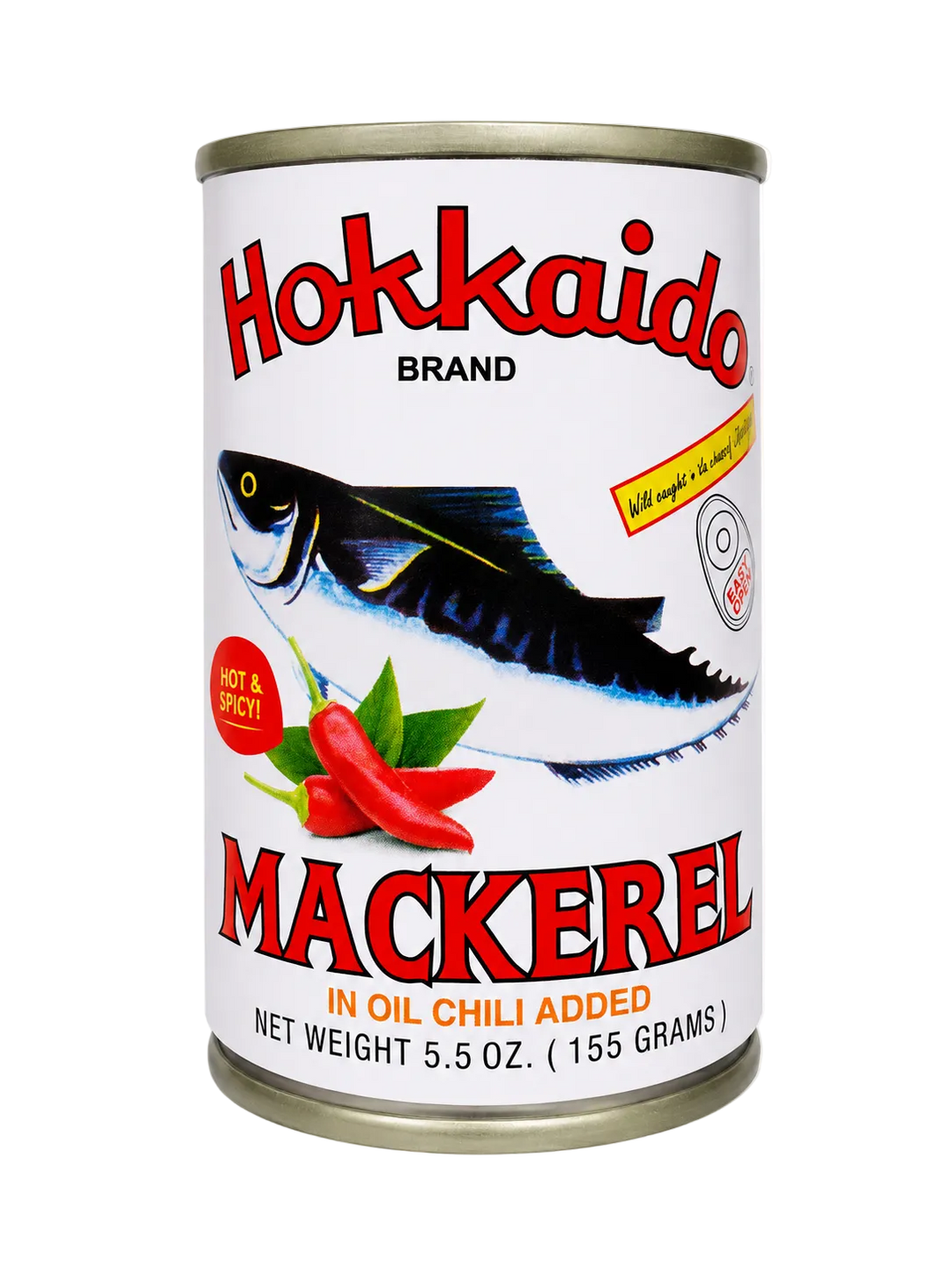 A can of Hokkaido Brand Mackerel in oil with chili added, featuring a white label with a blue mackerel fish, red chili peppers, and green leaves.