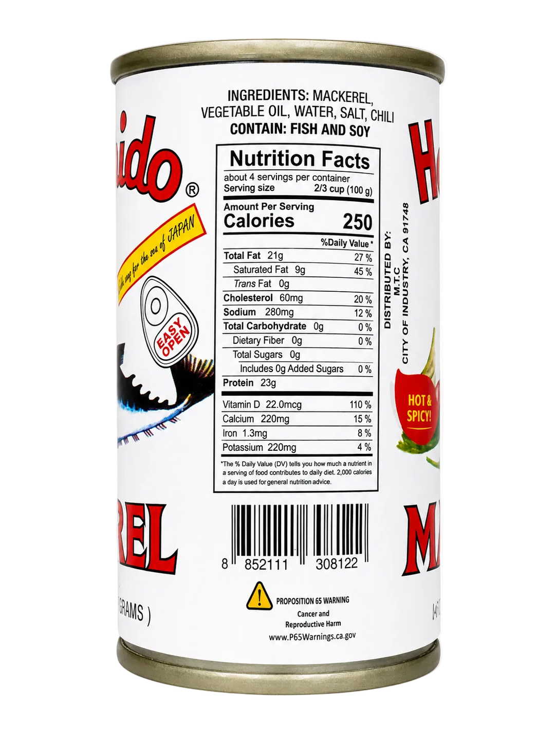 A plain white background, showing the back label with nutrition facts, barcode, and product details.