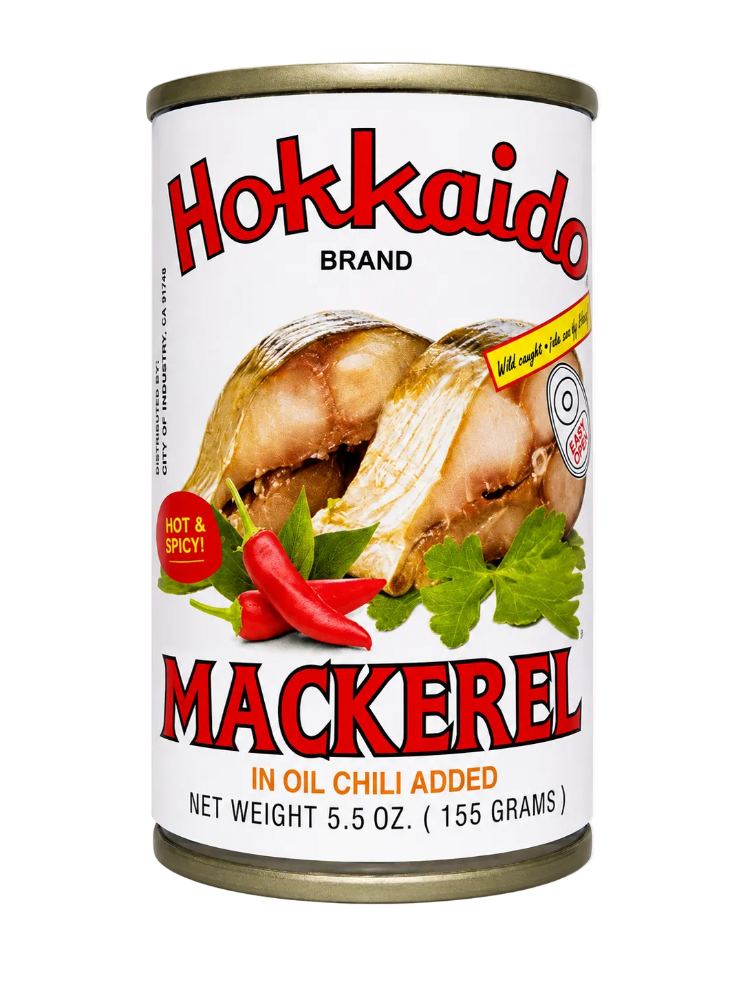 A can of Hokkaido Brand Mackerel in oil with chili added, featuring a white label with red lettering and an image of mackerel fillets with red chili peppers and green parsley.