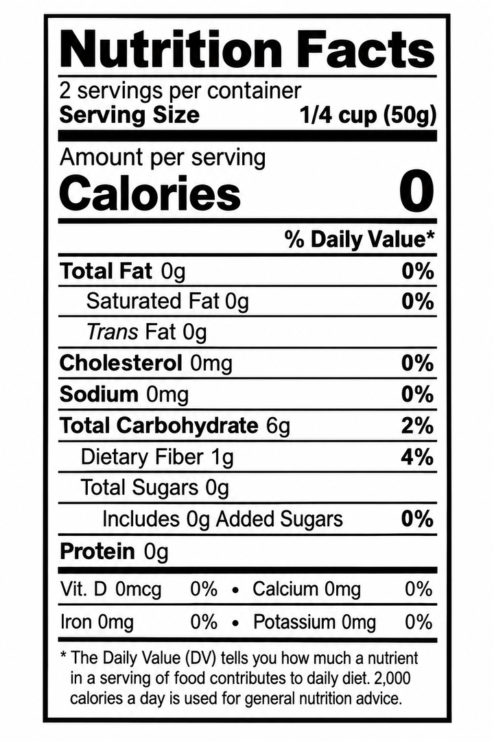 A Nutrition Facts label for a product with no visible food item, showing serving size 1/4 cup (50g) and a daily value where all nutrient amounts are 0 or low. The label is black text on a white background with a thin black border.