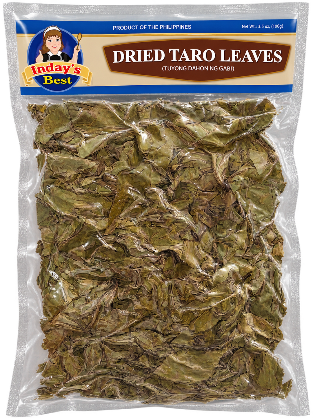 A clear plastic bag of dried taro leaves with a printed header label. The label shows the brand 'Inday's Best' with its mascot, and the product name 'Dried Taro Leaves (Tuyong Dahon ng Gabi)'.