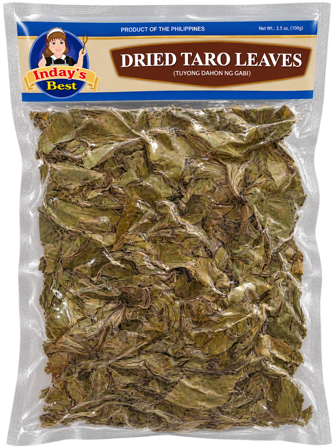 A clear plastic bag of dried taro leaves with a printed header label. The label shows the brand 'Inday's Best' with its mascot, and the product name 'Dried Taro Leaves (Tuyong Dahon ng Gabi)'.