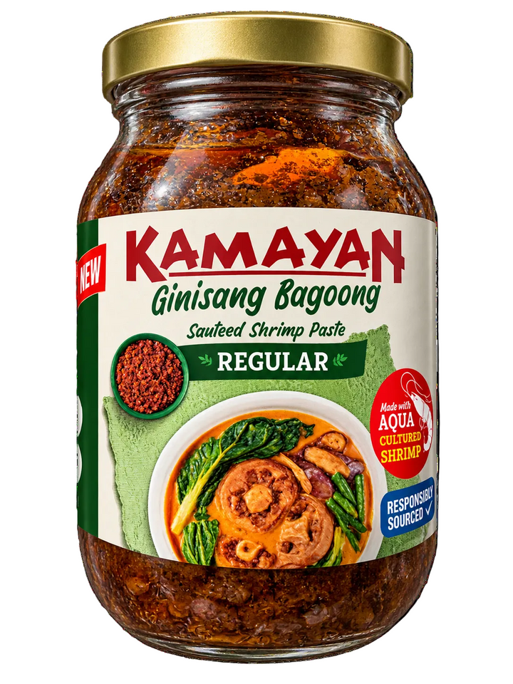 Kamayan Ginisang Bagoong Regular Sauteed Shrimp Paste in a glass jar with a gold lid. Made with aqua-cultured shrimp, responsibly sourced, and perfect for authentic Filipino dishes.