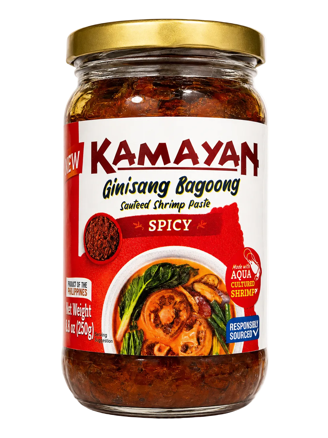A jar of Kamayan Ginisang Bagoong Spicy shrimp paste on a white background. The jar has a gold lid and a white label with red and black text, featuring an illustration of a shrimp paste dish.